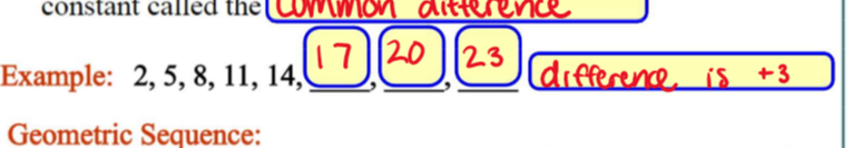pattern of numbers where any term in the sequence is found by adding or subtracting the previous term by the *common difference*