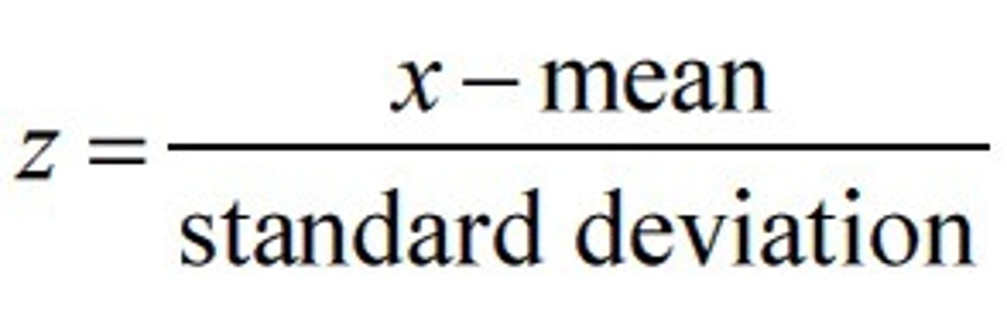 <p>Z-score</p><p>Points out outlier patients/ defiant patients</p><p>Ex) patients way below or above a scale</p><p>captures how much people deviate from the mean/defy the average</p><p>What is the formula for Z-scores?</p><p>Formula:</p><p>___________ ÷ ___________ = Z-score</p>