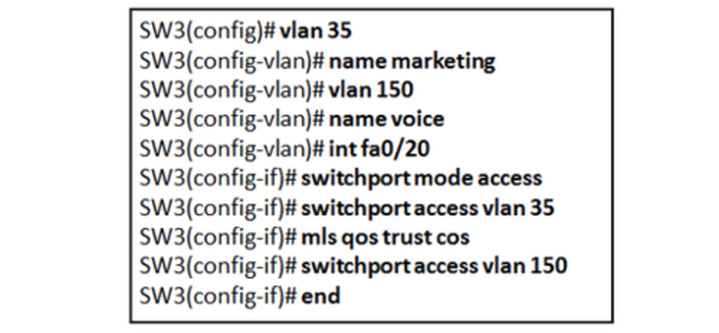 <p>The command used to assign the voice VLAN to the switch port is incorrect.</p><p>3 multiple choice options</p>