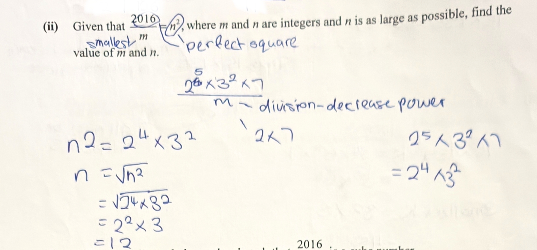 <p>(n square is a perfect square) 2 to the power of 5 x 3 to the power of 2 x 7 / m. m = 2 x 7( as 2 to the power of 5 becomes 2 to the power of 4 and 7 is removed in the division) n square = 2 to the power of 4 x 3 to the power of 2. n = the square root of n square = square root of 2 to the power of 4 x 3 to the power of 2 = 2 to the power of 2 x 3 =12</p>