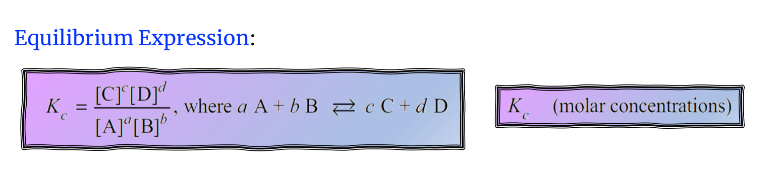 <p>A mathematical expression that relates the concentrations of the products and reactants at equilibrium.</p><p></p><p>Solids and liquids are left out of the equilibrium expression(concentrations-ratio of mass to volume-are constant). </p><p></p><p>When writing an equilibrium expression, include gases and aqueous species, do not include solids and liquids. </p>
