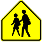 These yellow or fluorescent yellow-green, pentagon-shaped warning signs indicate  that a school or an approved school crosswalk is ahead. Watch for children and be prepared to stop.