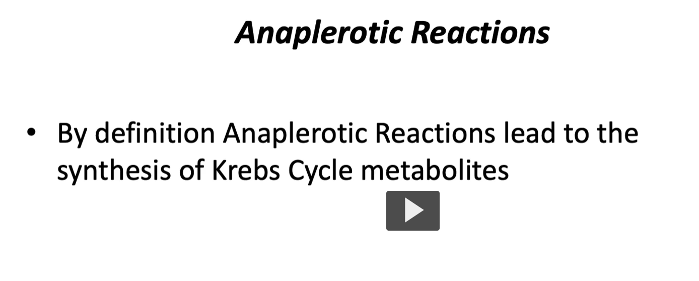 <p><u>anaplerotic reactions</u></p><p><strong>Anaplerotic</strong></p><ul><li><p><strong>ana-</strong> = again / back</p></li><li><p><strong>plērōsis</strong> = filling or replenishing</p></li></ul><p><strong>Anaplerotic reactions = reactions that refill or replenish the Krebs cycle.</strong></p><p>we mentioned that the molecules of the Kreb’s cycle can be used in other places, but if that happens, if they are not replaced back, the Kreb’s cycle can collapse.</p><p>Thus, in order to replace the lost compounds, we have the anaplerotic reactions to form the lost metabolites.</p>
