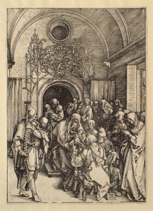 <p>Marcantonio Raimondi na Dürer, De besnijdenis, 1514 gravure, 28.4 x 20.7 cm</p>