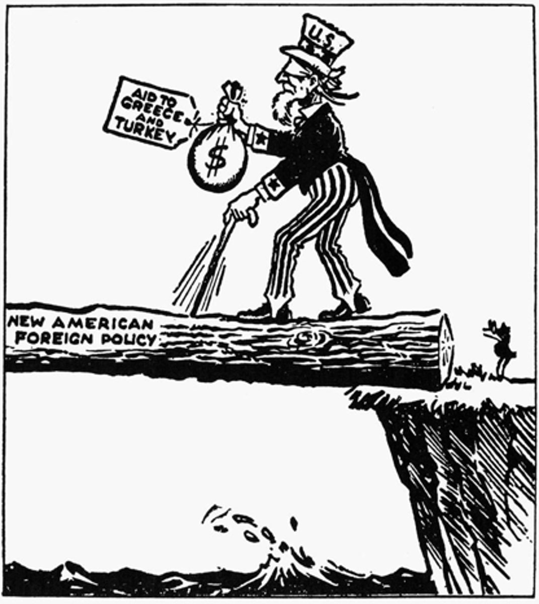 <p>1947, President Truman's policy of providing economic and military aid to any country threatened by communism or totalitarian ideology, mainly helped Greece and Turkey</p>