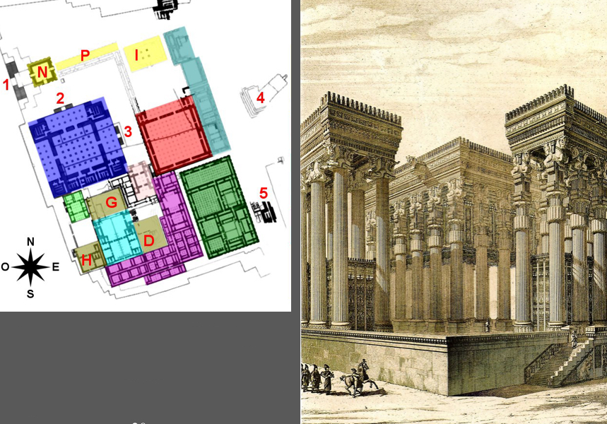 <p class="s96" style="text-align: center;">Profanbau: Apadana von Dareios I. um 515 erbaut</p><p class="s96" style="text-align: center;">Kernraum aus 36 Säulen</p><p class="s96" style="text-align: center;">von 20 m Höhe</p>