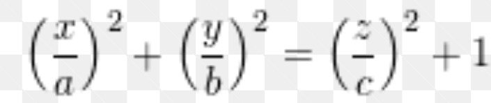 <p>-one negative</p><p>-all variable²/ constant²</p><p>=1</p><p>axis is variable w negative coefficient</p><p></p><p>*looks like vase thats thin in middle</p>