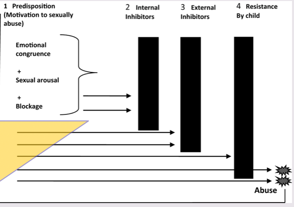 <ul><li><p>1/3 type of theory of sexual aggression</p></li></ul><p></p><ul><li><p>(FINKELHOR, 1984) - child molestation</p></li></ul><p></p><ol><li><p>motivated to abuse</p><ul><li><p>emotional (feelings of power/control)</p></li><li><p>sexual</p></li><li><p>blockage (non deviant outlets = not available)</p></li></ul></li><li><p>lack of offender’s internal inhib.</p></li><li><p>offender overcomes external inhib.</p><p>(e.g - alone w. a child)</p></li><li><p>offender overcomes child’s resistance </p><p></p></li></ol><p></p>