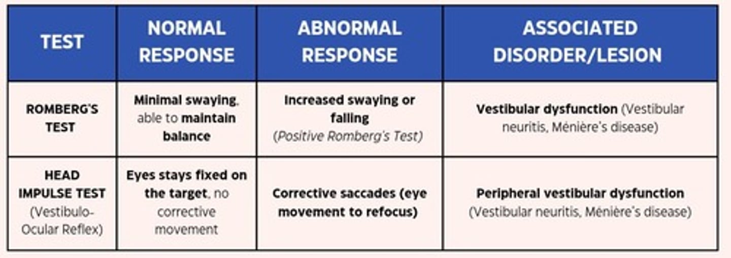 <p>Includes the Romberg test and head impulse test.</p>
