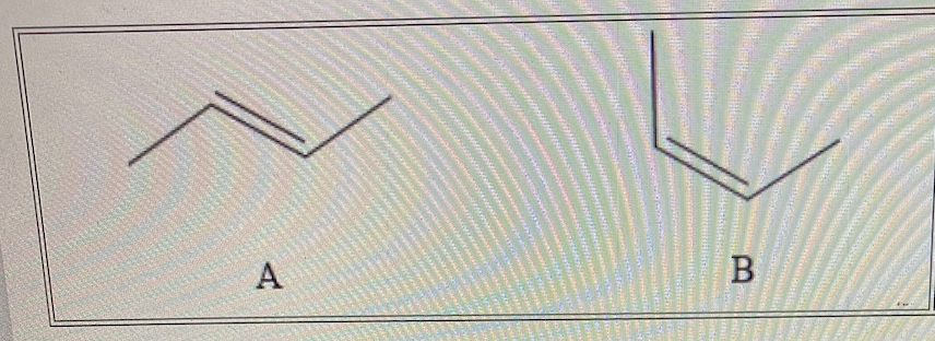 <p>Consider the two structures A and B below. This is a pair of what type(s) of isomers?</p><p>I. Cis-trans isomers</p><p class="p1">II. Diastereomers</p><p class="p1">III. Enantiomers</p>