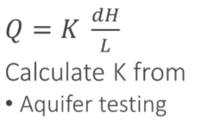 <p>G must be measured as a gradient change in water level between distance (dH/L)</p><ul><li><p>follow Darcy’s law</p></li><li><p>estimate regional flow with depth of aquifer and 1D or 2D flow (radial flow to a pond?)</p></li></ul><p></p>