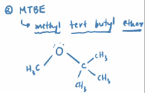 <p>MTBE</p><ul><li><p>It was a nice oxygenator (the ether adds oxygen) until we realized its danger</p><ul><li><p>Contaminates groundwater still today</p></li></ul></li></ul>