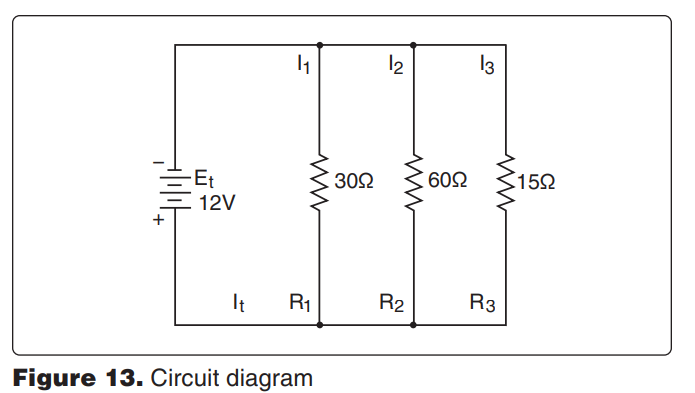 <p>8049. (Refer to Figure 13.) Determine the total current flow in the circuit. </p><p>A—0.2 ampere. </p><p>B—1.4 amperes. </p><p>C—0.8 ampere.</p>
