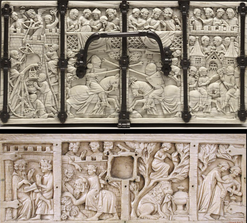 <ul><li><p>Discuss the Medieval idea of Courtly Love as it is seen in these works. Ivory Caskets –France, 14thc</p></li></ul><p></p>