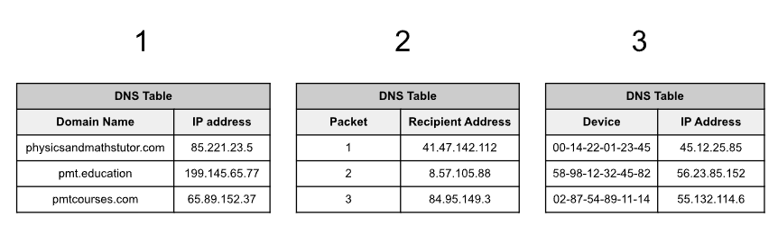 <p>Which of the tables could be a DNS table?</p>