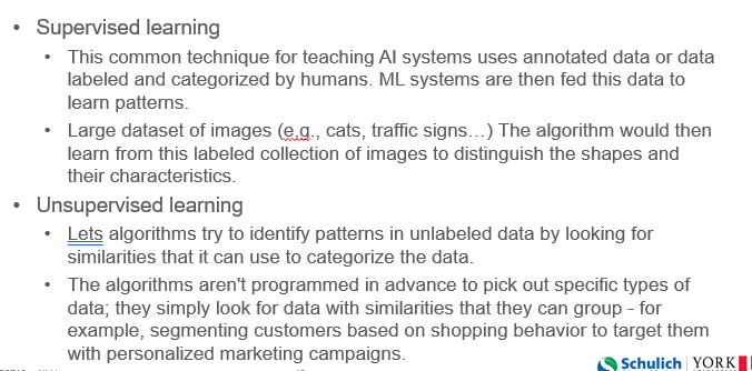 <p><span><span>•In reinforcement learning, the system is trained to maximize a reward based on input data, going through a trial-and-error process until it arrives at the best possible outcome.</span></span></p><p><span><span>•Example learn how to play games or research (e.g., autonomous robots navigating new environments)</span></span></p><p><span><span>•More advanced ML that can be considered AI</span></span></p>