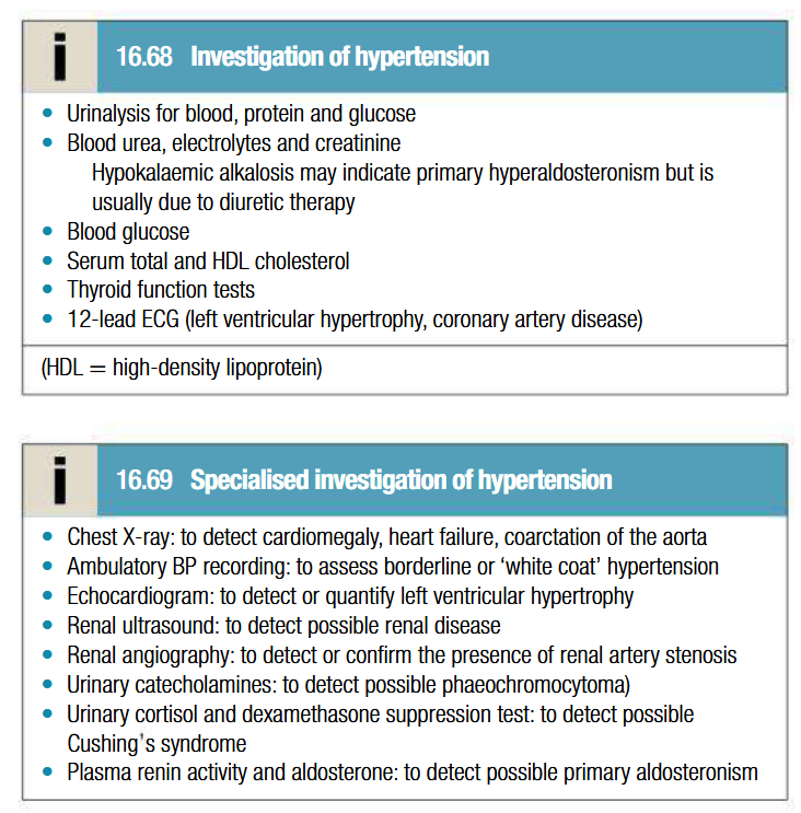 <p>BP measurement:</p><ul><li><p>To be made to nearest 2 mmHg, in sitting position with arm supported and repeated after 5 mins of rest if 1st recording is high</p></li><li><p>Obese patients: cuff should contain a bladder that encompasses at least 2/3 of arm circumference</p></li></ul><p>Ambulatory BP measurement:</p><ul><li><p>Series of automated ambulatory BP measurements obtained over 24 hrs provide better profile and correlate more closely with evidence of target organ damage than casual BP measurements</p></li><li><p>Systematically lower than clinic measures</p></li><li><p>Day time avg should be used to guide treatment</p></li></ul><p>Home BP measurement:</p><ul><li><p>Useful in those with unsually labile BP, refractory hypertension, symptomatic hypotension and white coat hypertension</p></li></ul><p></p>
