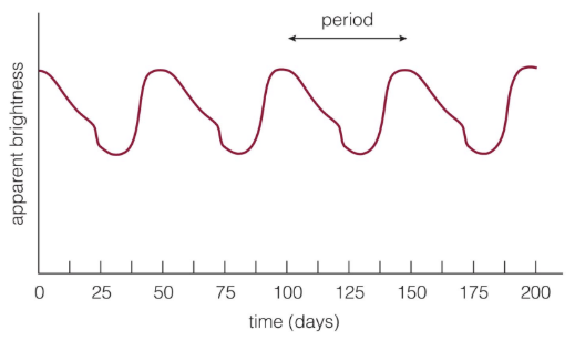 <ul><li><p><span style="background-color: transparent;">The light curve of this <em>pulsating variable </em>star shows that its brightness alternatively rises and falls over a 50 day period</span></p></li><li><p><span style="background-color: transparent;">It always has a maximum brightness and follows the period</span></p></li></ul><p></p>
