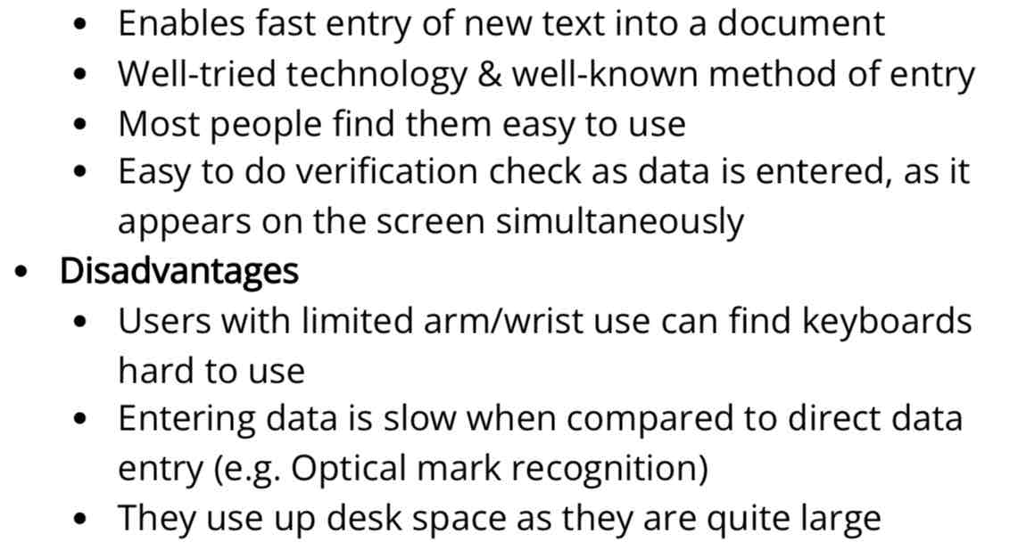 <p>Keyboards are used to input data into application software</p><p>Also used to for typing commands to the computer (CTRL + P)</p>