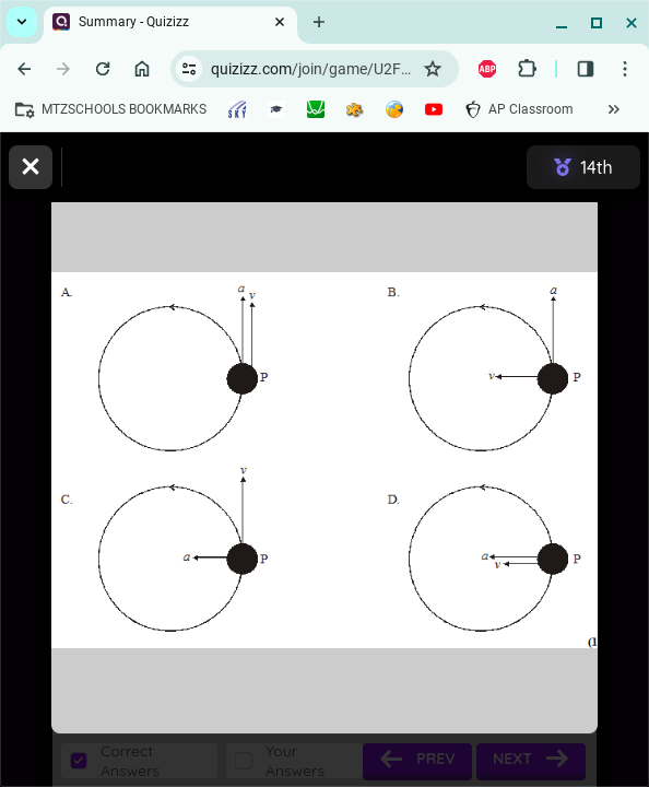 <p><span>A particle P is moving in a circle with uniform speed. Which one of the following diagrams correctly shows the direction of the acceleration a and velocity v of the particle at one instant of time?</span></p>