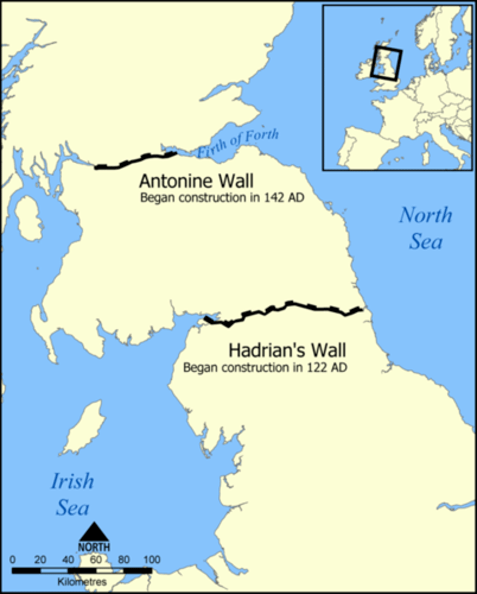 <p>Hadrian's Wall built to keep out marauding Scots, running from the North.</p>