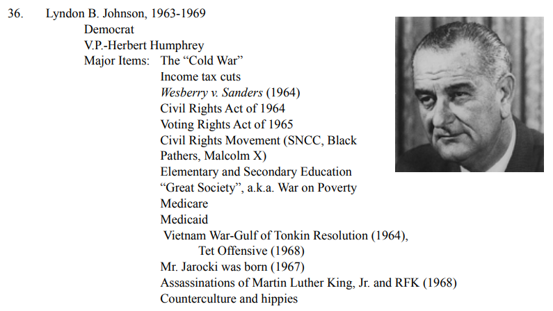 <p>THE COLD WAR: 1945-1968</p><ul><li><p>Civil Rights Act of 1964 (1964): Johnson signed this landmark legislation, outlawing discrimination based on race, color, religion, sex, or national origin.</p></li></ul>