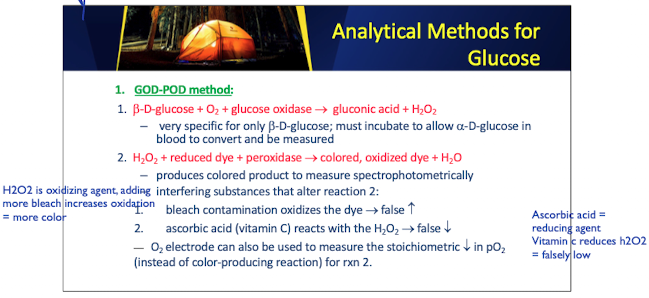 <ul><li><p>produces colored product to measure spectrophotometrically</p></li><li><p>interfering substances that alter reaction 2: </p></li></ul><ol><li><p><strong>bleach contamination oxidizes the dye → false increases</strong></p></li><li><p><span style="color: #ec944f"><strong>ascorbic acid (vitamin C) reacts with the H2O2 → false increases</strong></span></p></li></ol><p></p>