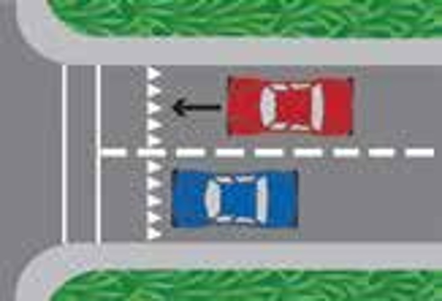 <p>Drive close to the center divider or into the left turn lane.</p>