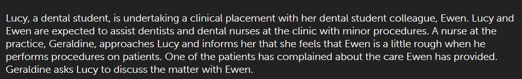 <p>patient may be distressed by Ewens behavior</p>