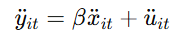 <p>yit = a + Bxit + ai + uit</p><p>ai is time-invariant unobserved effect</p><p>if ai is correlated with xit, OLS gives biased estimates</p><p>Solving this by removing ai through within transformation, subtracting each unit’s mean from its observations</p><p>yit - MU yi = B(xit - MU xi) + (uit - MU ui)</p><p>ai cancels out because ai - ai = 0</p>