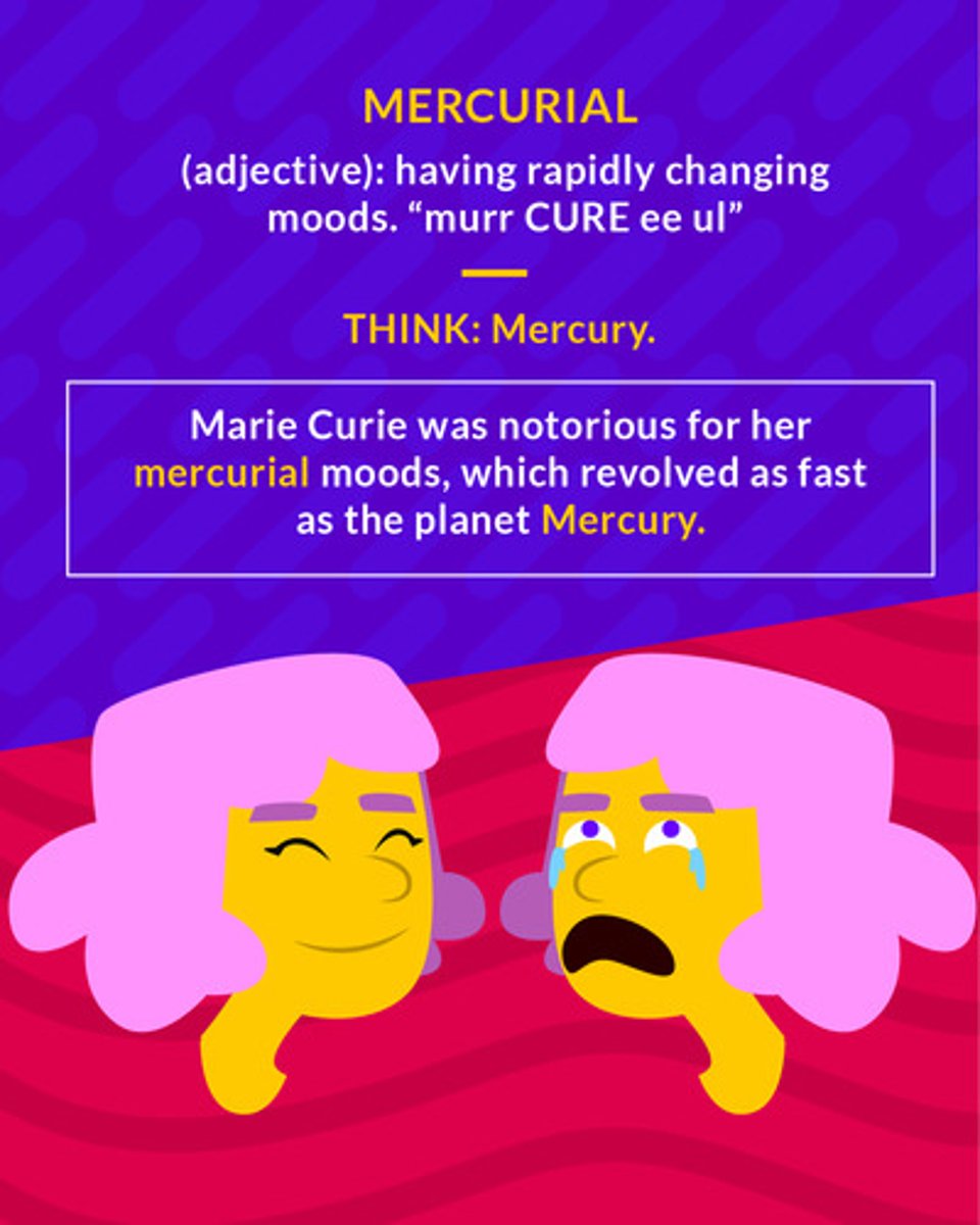 <p>characterized by rapid and unpredictable change in mood</p><p>(adj.) having rapidly changing moods</p>