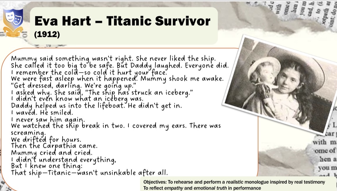 <p><span>Mummy said something wasn’t right. She never liked the ship.</span></p><p><span>She called it too big to be safe. But Daddy laughed. Everyone did.</span></p><p><span>I remember the cold—so cold it hurt your face.</span></p><p><span>We were fast asleep when it happened. Mummy shook me awake.</span></p><p><span>“Get dressed, darling. We’re going up.”</span></p><p><span>I asked why. She said, “The ship has struck an iceberg.”</span></p><p><span>I didn’t even know what an iceberg was.</span></p><p><span>Daddy helped us into the lifeboat. He didn’t get in.</span></p><p><span>I waved. He smiled.</span></p><p><span>I never saw him again.</span></p><p><span>We watched the ship break in two. I covered my ears. There was screaming.</span></p><p><span>We drifted for hours.</span></p><p><span>Then the Carpathia came.</span></p><p><span>Mummy cried and cried.</span></p><p><span>I didn’t understand everything,</span></p><p><span>But I knew one thing:</span></p><p><span>That ship—Titanic—wasn’t unsinkable after all.</span></p>