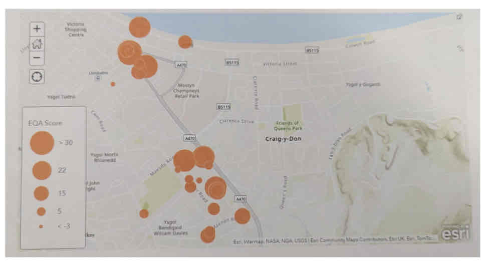<p>The overall scores for each survey point were uploaded to ARC GIS and turned into proportional circles. This was shown as LOCATED PROPORTIONAL CIRCLES using GIS. This size of the circles indicated the score with larger circles indicating higher scores, however this was not made clear on the key. </p><p>This method allows a very visual comparison of the OVERALL environmental quality of each survey point and also gives us excellent locational context to help explain the maps. However, it does not show how much each individual aspect of environmental quality that made up the overall score achieved e.g. building quality or noise. </p><p>Additionally, it can be difficult to get the exact figures from proportional circles. Finally, some of the circles when plotted on the map overlapped each other making them hard to read. </p><p></p>