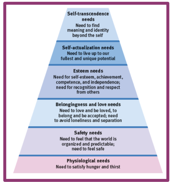 <p>Maslow’s hierarchy of needs begins at the base with physiological needs that must first be satisfied before higher level safety needs and then psychological needs are addressed</p>