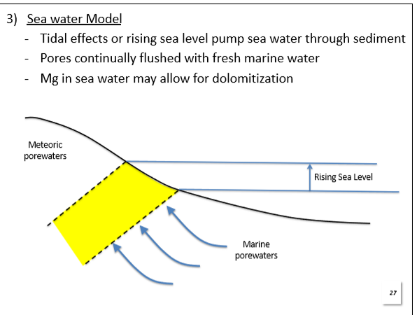 <p>Sea water is continuously flushed through the sediment pores, bringing the calcite into contact with higher levels of Mg, which is continuously being replenished by sea water. Can be accomplished with rising tides.</p>