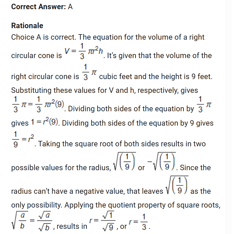 <p>I didn’t divide 1/3 properly on desmos. when dividing two fractions you write the fraction then click to the side of it then hit divide and then enter the fraction.<br><br>after dividing the fraction  you divide by 9 then square root  and because you can’t have a negative value for square root for radius that leaves the positive number. </p>