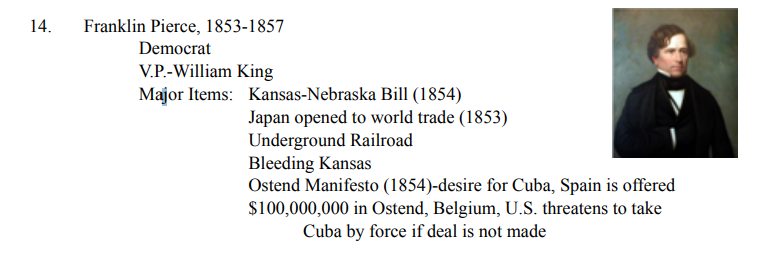 <p>ANTEBELLUM PERIOD: 1840-1860</p><ul><li><p>Kansas-Nebraska Act: Pierce's support for this act, which repealed the Missouri Compromise and allowed for the possibility of slavery in new territories, intensified sectional tensions.</p></li></ul>