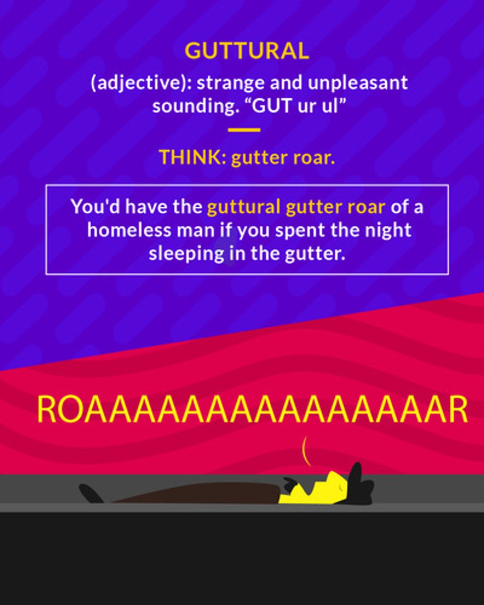 <p>produced in the throat; harsh; rasping; throaty</p><p>(adj.) harsh-sounding</p>