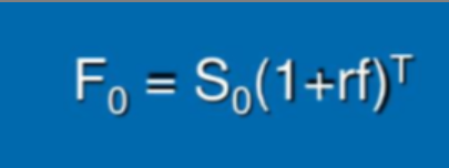 <ul><li><p>Equal to the No arbitrage Forward Price </p></li></ul><p>F0= Forward/Future Price       r(f) = risk free interest rate</p><p>T = Time to maturity                S0= Spot Price</p>