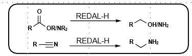 <p>NaAlH2(OCH2CH2OMe)2</p><p>Same reactivity as LiAlH4</p><p>Reduces ester/acid, aldehyde, ketone to alcohol</p><p>Reduces amide, nitrile to primary amine</p><p>Reduces p--toluenesulfonamides to free amines</p>