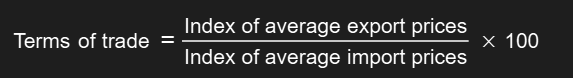 <p>(exports index/imports index) x 100</p><p></p><p>uses a<strong> weighted</strong>&nbsp;<strong>basket</strong> of imports + exports</p>