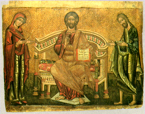 <p><span>Chrystus </span>Pantokrator w towarzystwie modlitewnie upozowanych Matki Boskiej<span> i św. Jana Chrzciciela.</span></p>