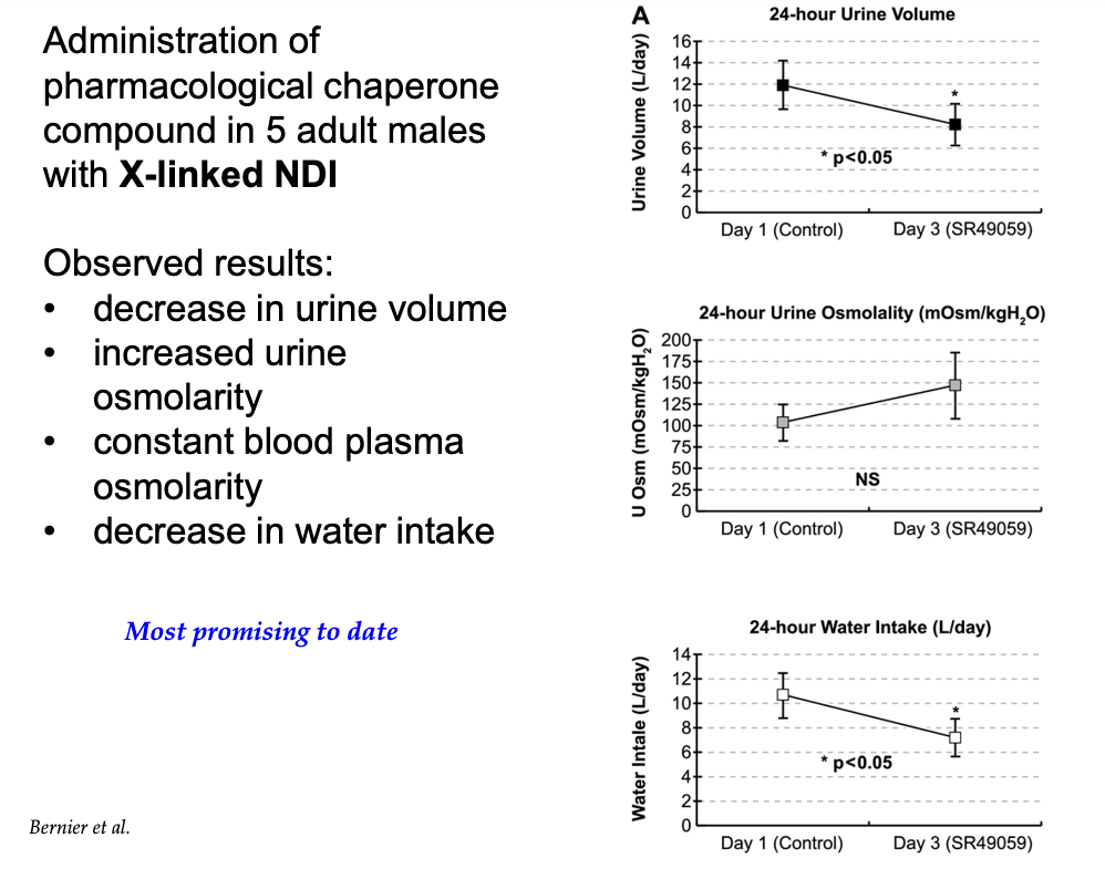 <ul><li><p>Decreased urine volume</p></li><li><p>Increased urine osmolarity</p></li><li><p>Stable blood plasma osmolarity</p></li><li><p>Decreased water intake (less signals for thirst)</p></li></ul><p>Most promising treatment to date.</p>