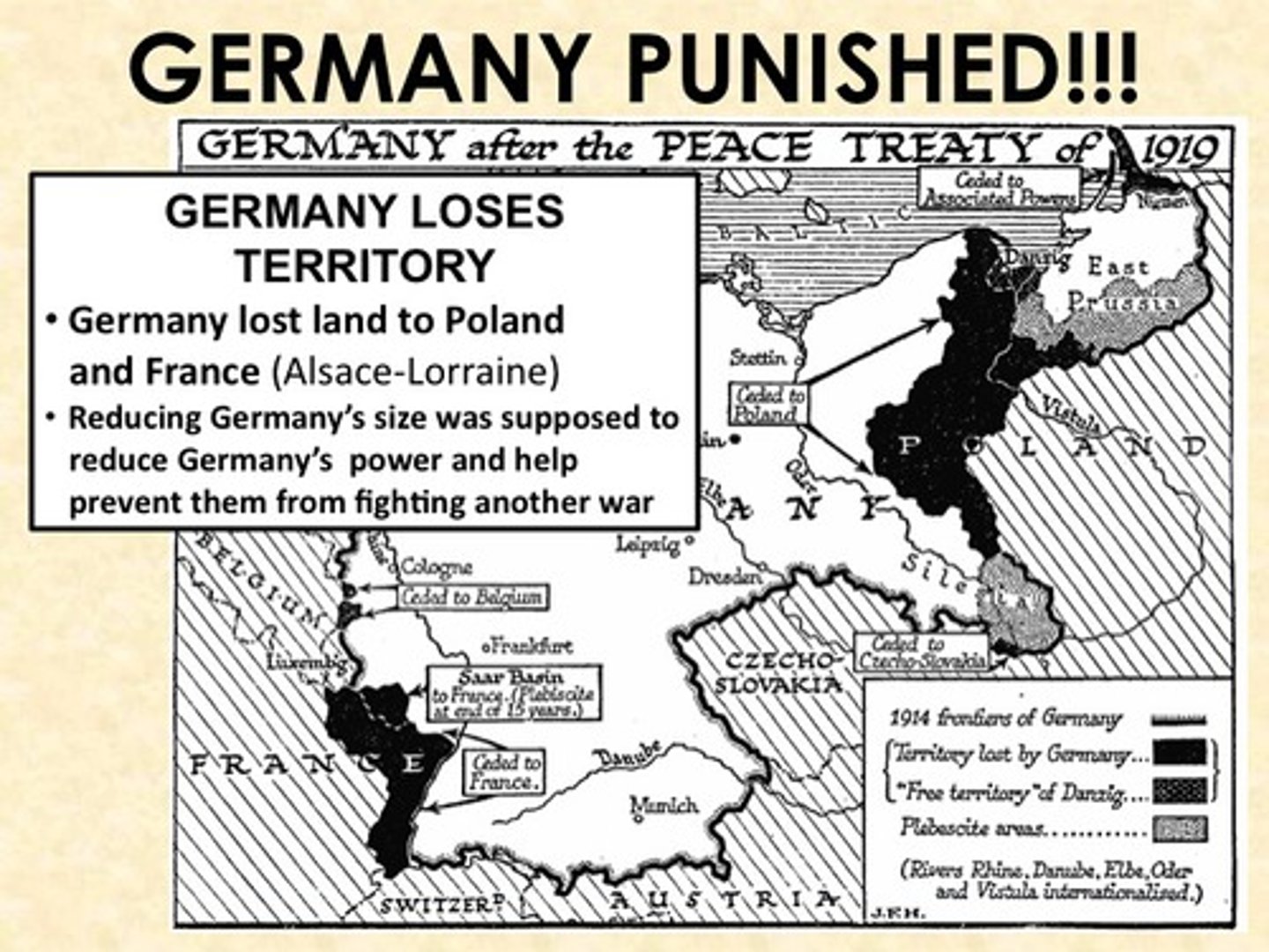 <p>(1) took 13% of Germany's land</p><p>(2) took away Germany's military</p><p>(3) forced Germany to admit they caused WWI and had to pay reparations for all damages done in WWI</p>