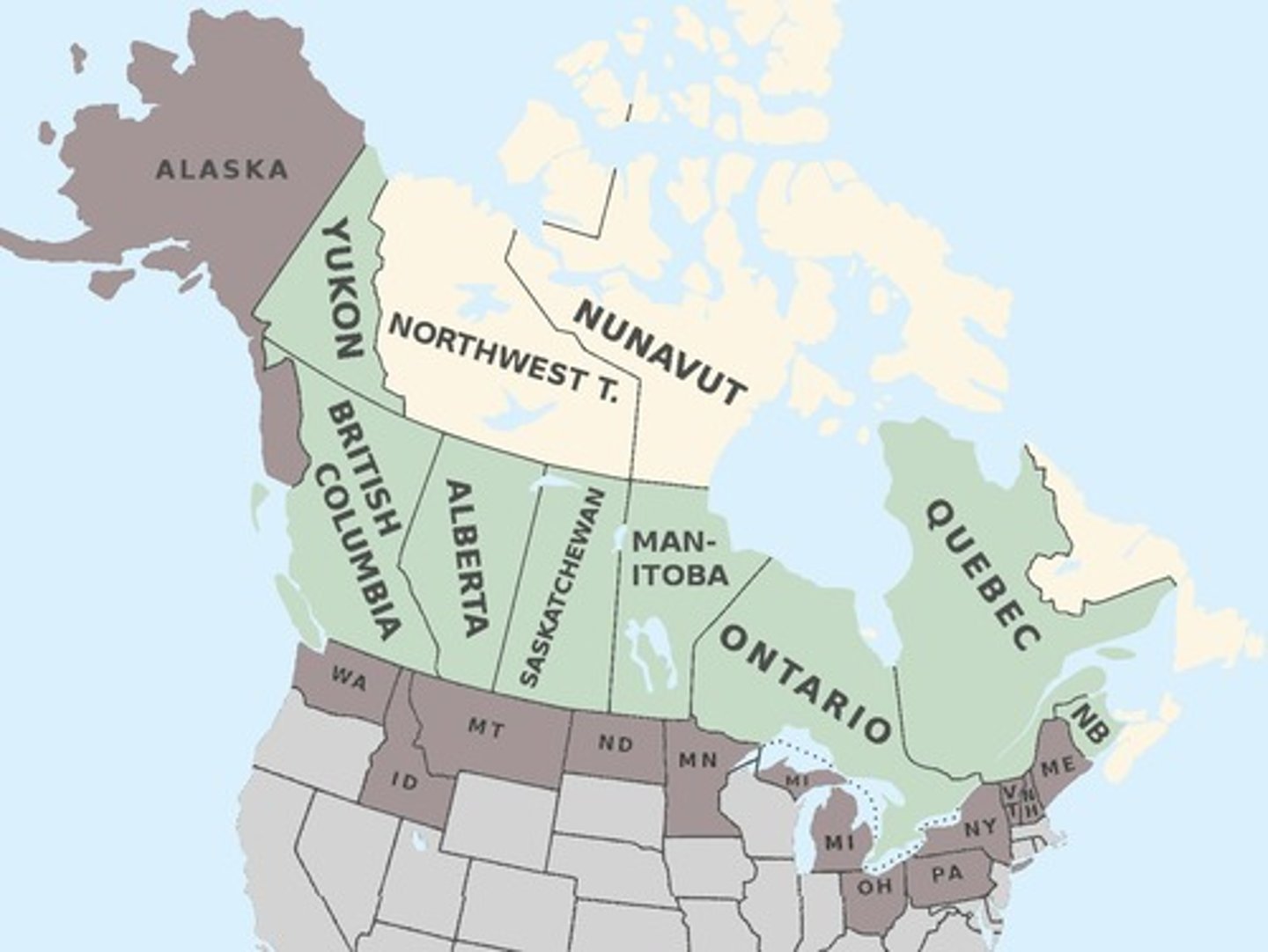 <p>- Maine</p><p>- New Hampshire</p><p>- Vermont</p><p>- New York</p><p>- Pennsylvania</p><p>- Ohio, Michigan</p><p>- Minnesota</p><p>- North Dakota</p><p>- Montana</p><p>- Idaho</p><p>- Washington</p><p>- Alaska</p>