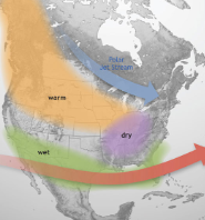 <ul><li><p>Warmer in N.W.</p></li><li><p>Dryer in E.</p></li><li><p>Wetter in extended Pacific Jet Stream (south)</p></li></ul><p></p>