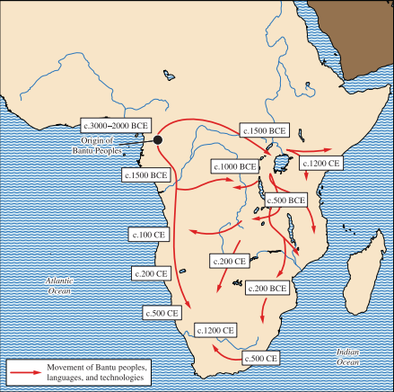 <p>Based on the map above, which of the following explains why the Bantu people did not migrate further north?</p><p>A. Lack of weapons to fight northern empires</p><p>B. Unable to pay fares that allowed them to travel north</p><p>C. The Sahara Desert acted as a geographical barrier</p><p>D. The Bantu people did not understand the languages of Northern Africans</p>