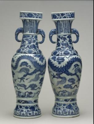 <p>1351 CE, Yuan Dynasty</p><p>Jiangxi, China </p><p>White porcelain with cobalt-blue underglaze vases, inscriptions on neck, and narrative</p><p>named after owner: Sir Percival David</p><p>inscriptions are about the man who commissioned them, their purpose/life, found in daoism temple </p>