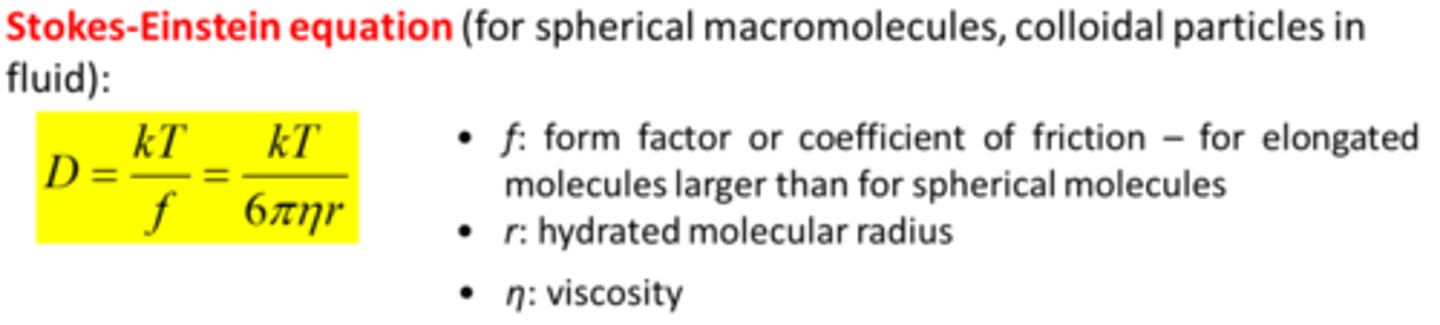 <p>Stokes law is f = 6πnr (f is like friction).</p><p>r is the hydrodynamic radius - an effective radius because when molecules are surrounded by a solvation sphere, they carry the solvent with them, increasing the radius.</p><p>n is viscosity of solution</p><p>Kb is Boltzmann's constant.</p><p>T is temperature</p>