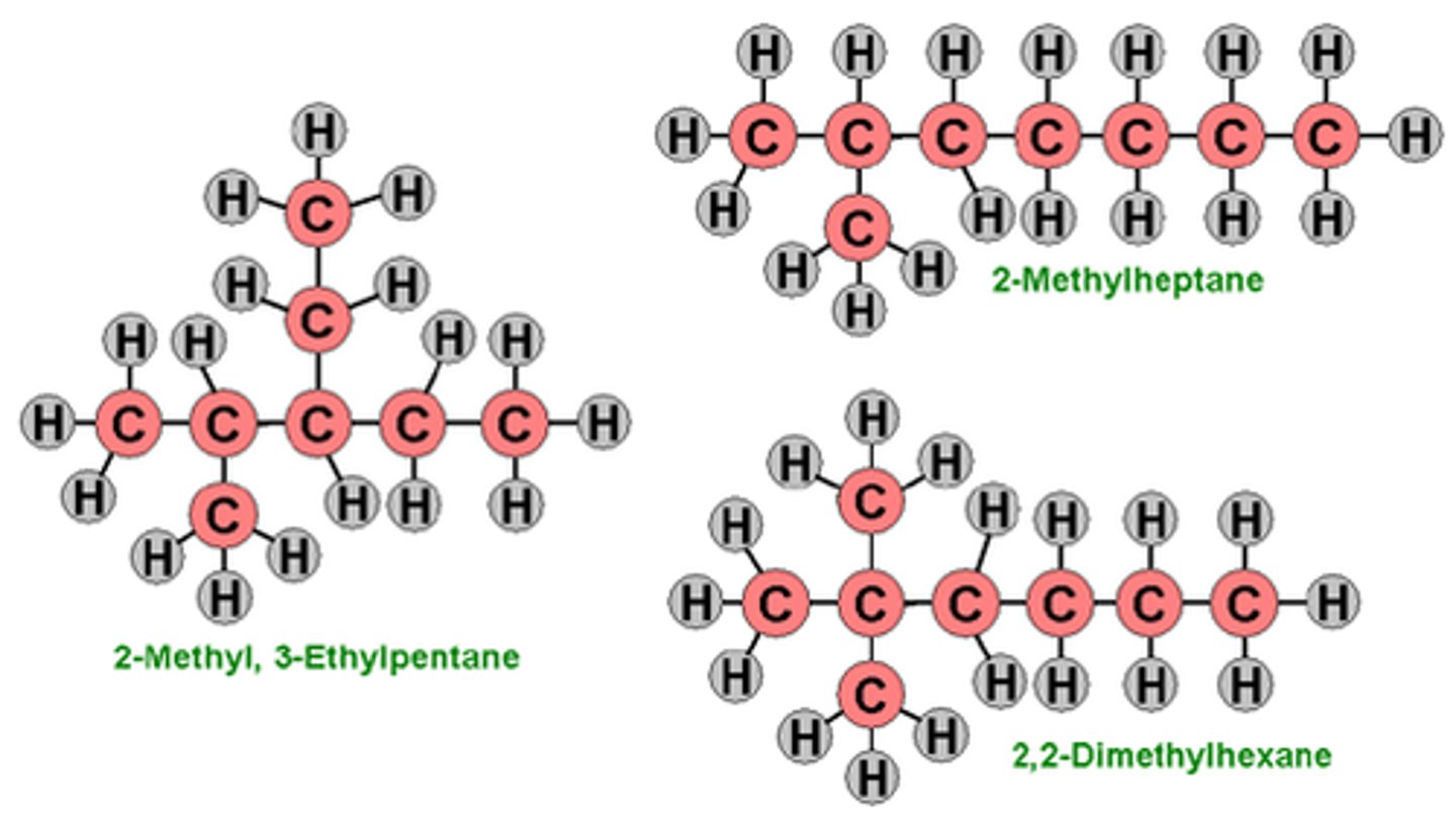 <p>Compounds with the same formula but different structures.</p>
